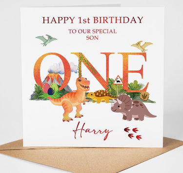 Personalised Dinosaur 1st Birthday Card, Son, Grandson, Nephew, Red Foil Finish