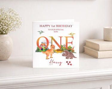 Personalised Dinosaur 1st Birthday Card, Son, Grandson, Nephew, Red Foil Finish