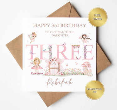 Personalised 3rd Birthday Card Girl, Fairy Birthday Card for Girl, Rose Gold Foil Card, Custom Daughter Granddaughter Niece Age 3 Card