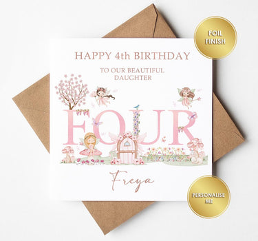Personalised Fairy 4th Birthday Card, Daughter, Granddaughter, Niece, Foil Finish
