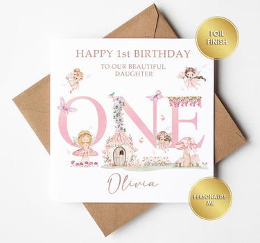 Personalised 1st Birthday Card Girl, Fairy Birthday Card, Rose Gold Foil Card, First Birthday Daughter Granddaughter Niece
