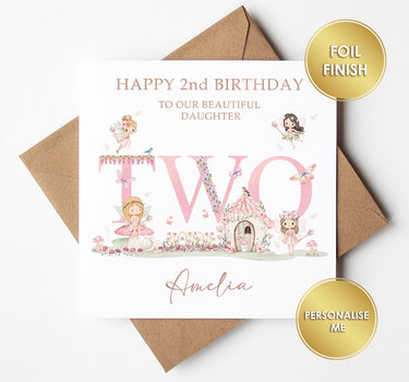 Personalised 2nd Birthday Card Girl, Fairy Birthday Card, Rose Gold Foil Card, Daughter Granddaughter Niece Age 2 Card