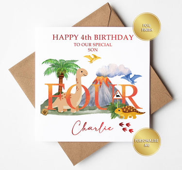 Personalised Dinosaur 4th Birthday Card, Son, Grandson, Nephew, Red Foil Finish
