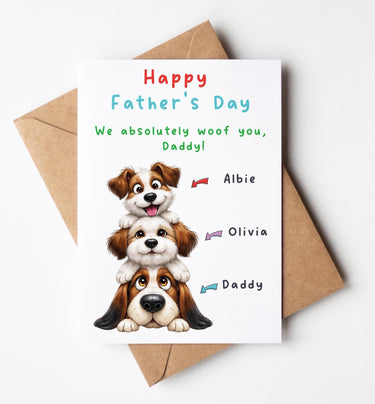 Personalised Father's Day Card, Custom Pet Family Dog Illustration, Father's day Card from Kids, Personalise Up to Five Children's Names
