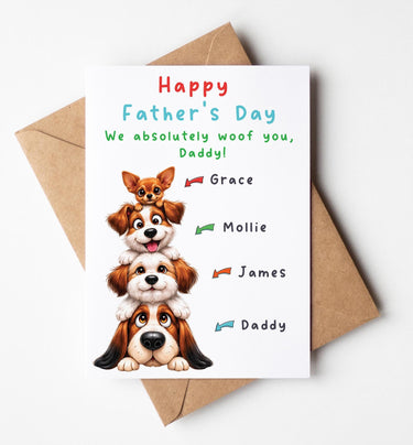 Personalised Father's Day Card, Custom Pet Family Dog Illustration, Father's day Card from Kids, Personalise Up to Five Children's Names