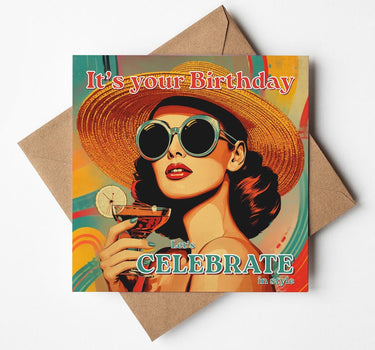 Chic Pop Art Birthday Card, Glam Retro Fashion Illustration, Classy Woman Celebration