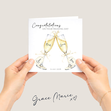 Personalised Wedding Card with Names & Date, Champagne Glasses Wedding Card, Elegant Bride and Groom Card, Custom Wedding Day Keepsake UK