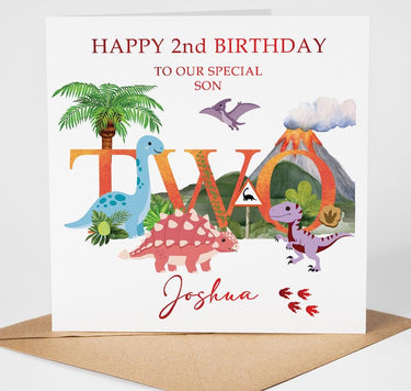 Personalised Dinosaur 2nd Birthday Card, Red Foil Finish, Son, Grandson, Nephew