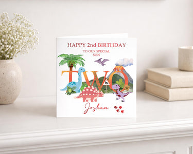 Personalised Dinosaur 2nd Birthday Card, Red Foil Finish, Son, Grandson, Nephew