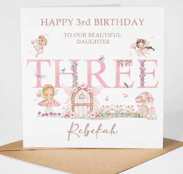 Personalised 3rd Birthday Card Girl, Fairy Birthday Card for Girl, Rose Gold Foil Card, Custom Daughter Granddaughter Niece Age 3 Card