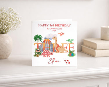 Personalised Dinosaur 3rd Birthday Card, Son, Grandson, Nephew, Red Foil Finish