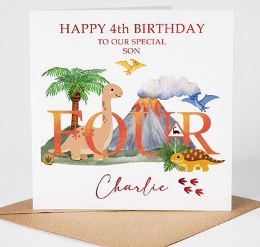 Personalised Dinosaur 4th Birthday Card, Son, Grandson, Nephew, Red Foil Finish