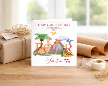 Personalised Dinosaur 4th Birthday Card, Son, Grandson, Nephew, Red Foil Finish