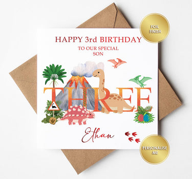 Personalised Dinosaur 3rd Birthday Card, Son, Grandson, Nephew, Red Foil Finish
