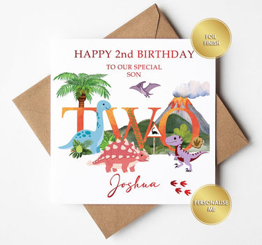 Personalised Dinosaur 2nd Birthday Card, Red Foil Finish, Son, Grandson, Nephew