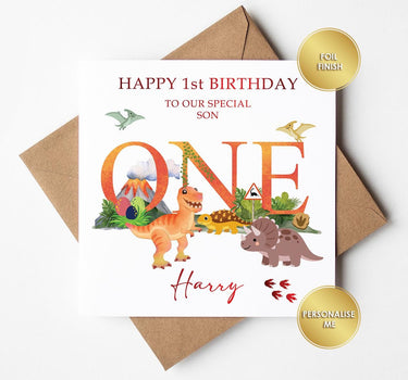 Personalised Dinosaur 1st Birthday Card, Son, Grandson, Nephew, Red Foil Finish
