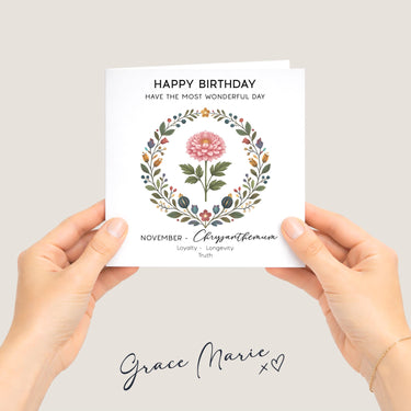 November Birth Flower Birthday Card, Chrysanthemum Floral Card, Botanical Birthday Card, November Birthday Card for Mum Sister Aunt Friend