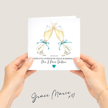 Personalised Champagne Wedding Card, Teal Foil Heart, Bride/Groom, Newly Weds, Custom Name, Mr & Mrs, Mrs Mrs, Mr Mr, Wedding Toast Card