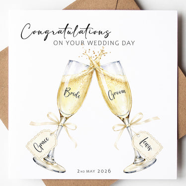 Personalised Wedding Card with Names & Date, Champagne Glasses Wedding Card, Elegant Bride and Groom Card, Custom Wedding Day Keepsake UK