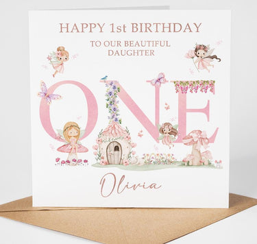 Personalised 1st Birthday Card Girl, Fairy Birthday Card, Rose Gold Foil Card, First Birthday Daughter Granddaughter Niece